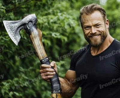 RUNES Viking Axe Hand-Forged Carbon Steel Throwing Hatchet, Battle Ready Axe - Image 1 of 4