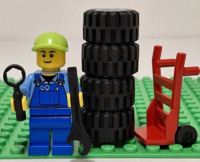 Lego Tire Changing Mechanic Minifigure Lime Hat Wrenches Hand Truck & 4 Tires - Image 1 of 2