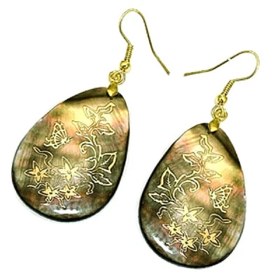 Imágenes de flores y mariposas en tono dorado en labio negro lágrima M.O.P. Pendientes-AE0167 Foto 1 de 3