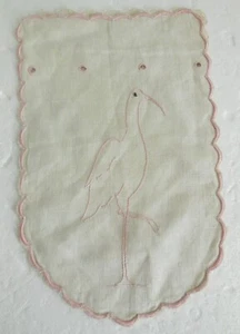 Vintage Linen Pouch Bag Pocket 7x11" Embroidered Pink Stork Baby Nursery Accsery - Picture 1 of 9