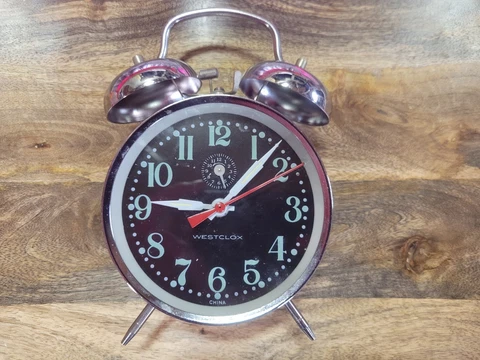 Westclox Vintage Twin Bell Working Alarm Clock Black Glow In Dark Numbers Hands Cover