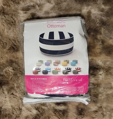 Navy Stripe Inflatable Footstool Ottoman Round 21x9 Inch Portable Foot Rest - Image 1 of 4