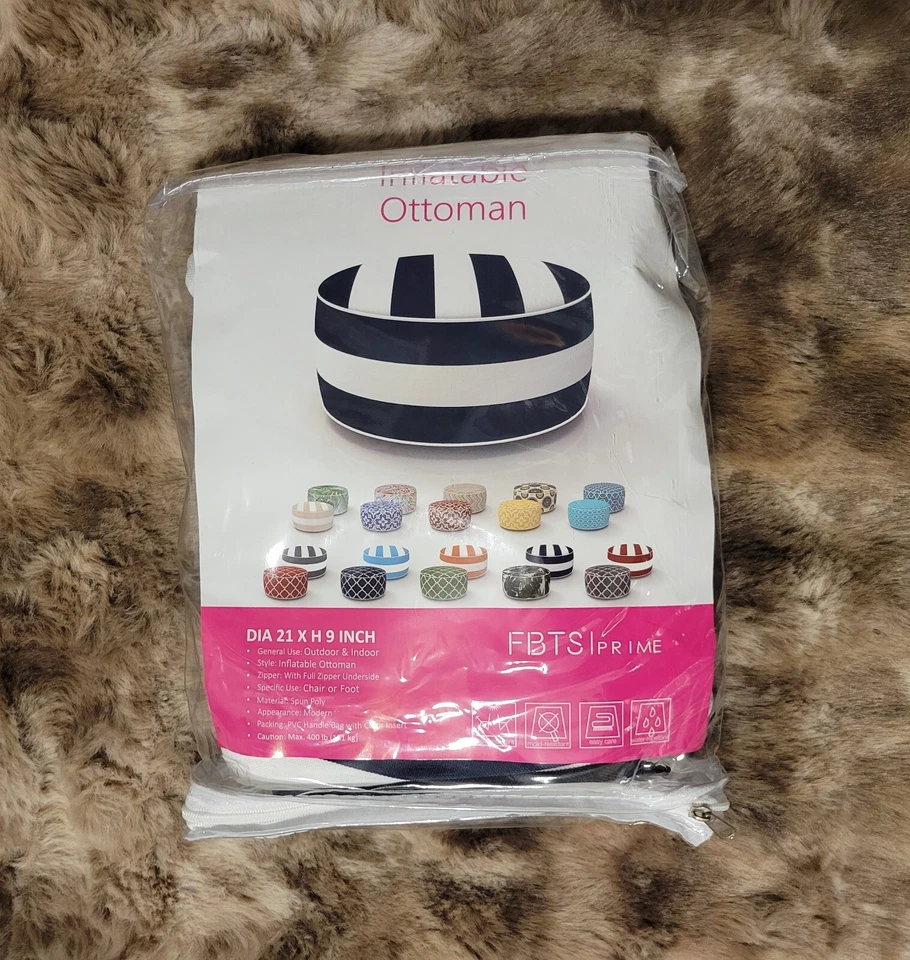 Navy Stripe Inflatable Footstool Ottoman Round 21x9 Inch Portable Foot Rest - Image 1 of 4