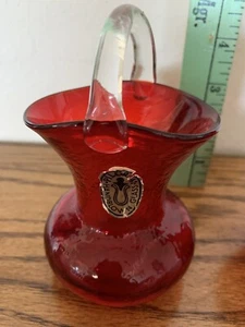 Pilgrim Miniature Hand blown Art glass Cranberry Basket Design Clear Handle - Picture 1 of 10