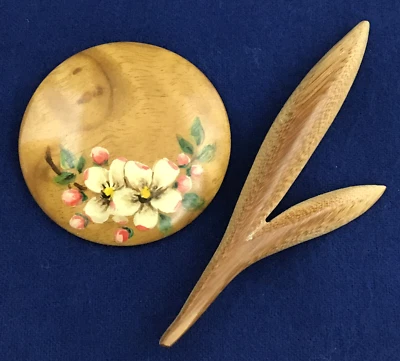 Brooches Pins Natural Wood Handpainted Floral Blossom And Leaf Lot of 2 Vintage - Image 1 of 4