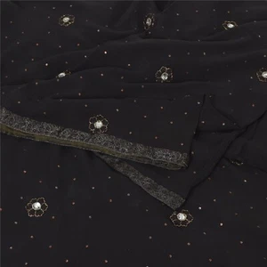 Sanskriti Vintage Black Bollywood Sarees Pure Georgette Silk Beaded Sari Fabric - Picture 1 of 12
