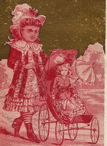 1880s American Sewing Machine Lovely Girl Walking With Child In Baby Carriage - Picture 1 of 4