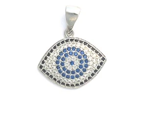 Evil Eye Pendant bright silver Rhodium plated with both blue and white CZ's - Picture 1 of 10