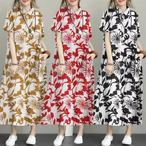 Damen Sommer Kurzarm A Linie Baggy Midikleid Kragen Long Shirt Kleider - Bild 1 von 21