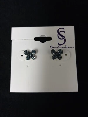 Blue Diamond Butterfly Stud Earrings in Rhodium Plated Stearling Silver - .25ctw - Image 1 of 3