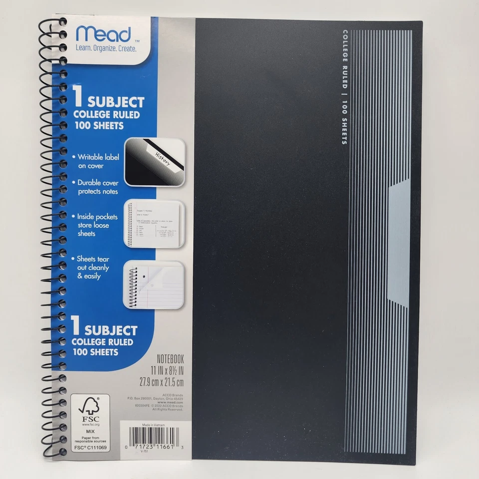 Cuaderno Mead, regla universitaria, 3 agujeros, cubierta de polietileno, 1 tema 100 hojas 11 x 8 1/2 Foto 1 de 2