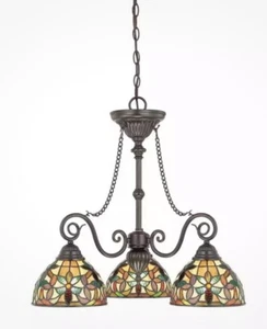 Quoizel 3 Light Kami Chandelier in VTG Bronze - TFKM5103VB Stained Glass Dinette - Picture 1 of 2