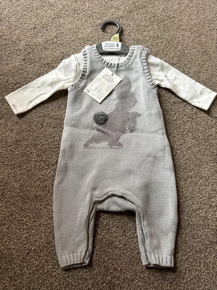 Mothercare Peter кролик серый вязаный Dungaree наряд до 1 месяца - Изображение 1 из 4
