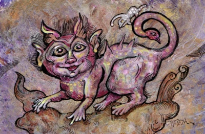 NFAC Art Fantasy Creature Friendly Pink Manticore Monster 4" X 6'' TBARTSARTIST - Image 1 of 3