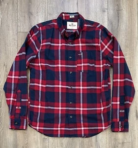 HOLLISTER Men’s Button-Up Long-Sleeve Stretch Plaid Shirt Large Red Blue - Picture 1 of 11