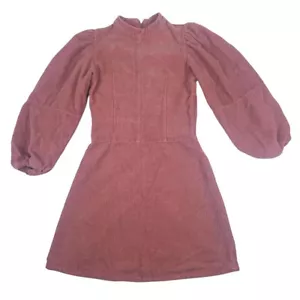 Topshop IDOL Corduroy Baby Doll Puff Sleeve Mini Dress Size 2 Pink Zipper Back - Picture 1 of 12