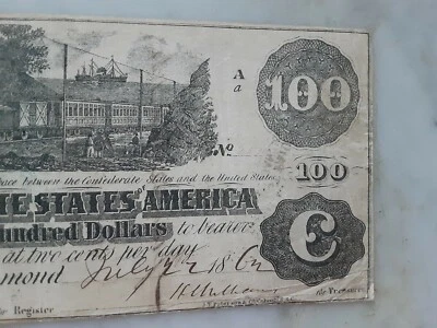 1862 well-centered $100 Confederate States of America Railroad attractive note ! - Image 1 of 4