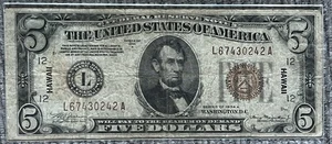 1934 A Hawaii 5 Dollar Federal Reserve Note WWII Emergency Issue Circulated $5 - Picture 1 of 2