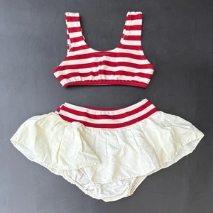 Vintage 1960s Girls Youth 2pc Swimsuit -Red White Stripe Peplum Skirt Bikini - Picture 1 of 7