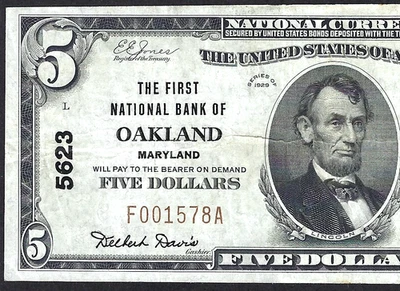 🇺🇸 MD 1929 $5 ♚♚ OAKLAND, MARYLAND ♚♚ THE FIRST NB, BRIGHT AND CRISP - Image 1 of 3
