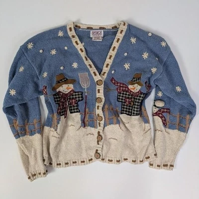 Vintage Grandma Sweater Cardigan Winter/Christmas Knit Small Snowman Cottagecore - Image 1 of 4