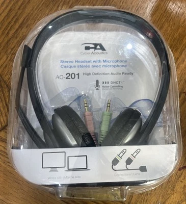 Cyber Acoustics AC-201 Silver/Black Headband Headsets NIB - Image 1 of 3