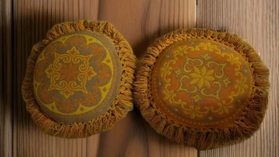 2- Vintage Medallion Woven Boho Shaggy Pillows 70s Round 16" Fringe3"Reversible  - Image 1 of 4