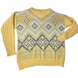 Vintage USA 80’s J. KNIT Ski Sweater Chunky Yellow Gray Argyle Women’s XL - Bild 1 von 8