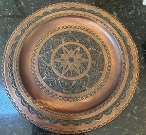 VTG Hand Carved Wooden Wall Plate POLAND Decor Floral Star Motif - Intricate 12” - Picture 1 of 11
