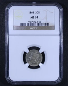 1865 Three Cent Nickel - 3CN NGC MS64 - Nice Coin! - Picture 1 of 4