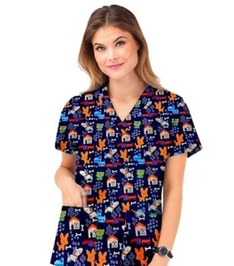 Unisex Nurse Medical Dog Print Scrub Top, V-Neck, 2 Pockets, Short Sleeves - Picture 1 of 1