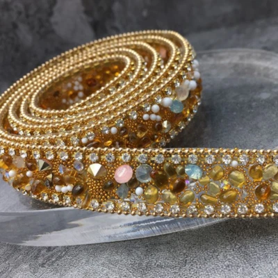 1m Rhinestone Stone Beaded Trim Crystal Edging Ribbon Hotfix Chain Applique Sew - Image 1 of 4