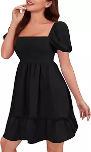 Summer Women Square Neck Short Puff Sleeve High Waist Ruffle Hem A Line Dress - Picture 1 of 6