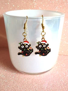 🎄Cute Christmas Lights Kitty Cat Gold Plated Earrings🎄 - Picture 1 of 8