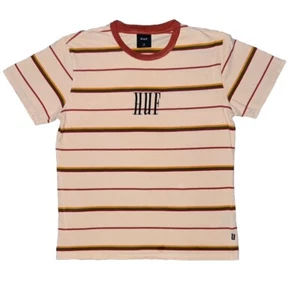 HUF Men T-Shirt Medium Beige Striped Logo Embroidered Short Sleeve Crew Neck - Picture 1 of 5