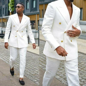 Men's Summer Beach Suit White Linen Jacket Double Breasted Groom Wear Coat Pants - Picture 1 of 7