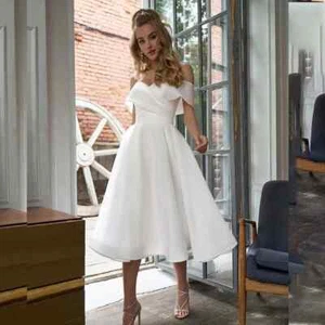 Simple Short Wedding Dresses Off Shouder Backless Pleated Organza Bridal Gowns - Picture 1 of 5