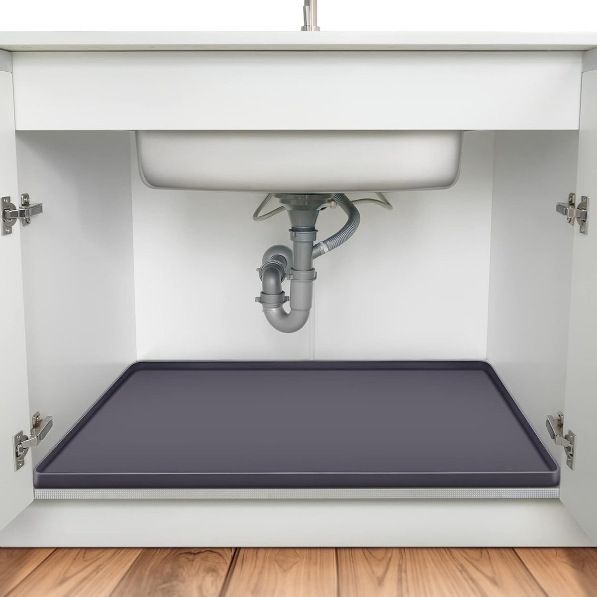 TRZZ Tappetino sotto lavello 55,9 x 48,3 cm, tappetino sotto lavello in silicone impermeabile, tappetino sotto lavello per mensole, armadietti, vaschetta antigoccia per cucina, bagno (grigio