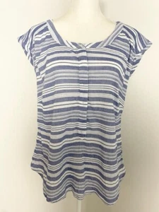 Merona Womens Blouse Size L Blue White Striped Scoop Neck Cap Sleeves Buttons - Picture 1 of 11