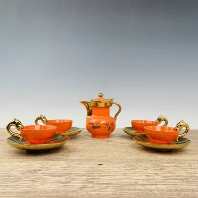 5.6" Rare China Porcelain Song dynasty Ru porcelain Gilding A pot of four cups - Image 1 of 4