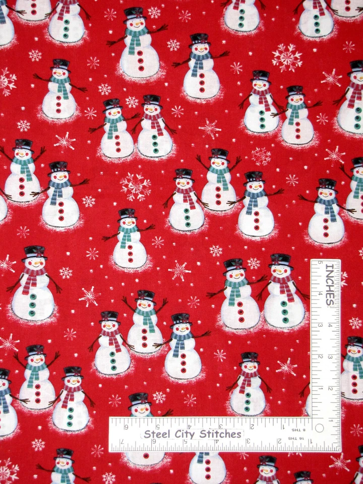 Muñeco de nieve de invierno de Navidad copo de nieve tela de algodón rojo #49805A01 por yarda Foto 1 de 1