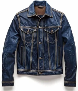 Men's Real Leather Distressed Trucker Jacket Levi's Style Blue Biker Jacket - Picture 1 of 3
