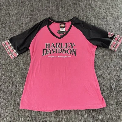 Harley-Davidson Women’s Pink Black V-Neck Plaid Trim T-Shirt Top Size L 2015 - Image 1 of 4