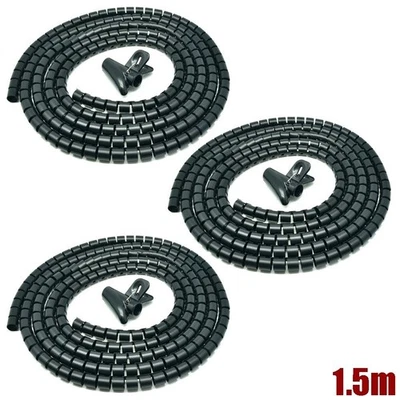 3x 1.5m 15mm Black Spiral Wrapping Bands Cable Tidy Management Organizer Tube - Image 1 of 4