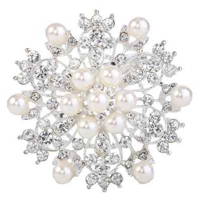 Austrian Crystal Cream Simulated Pearl Elegant Flower Corsage Brooch Clear - Image 1 of 4