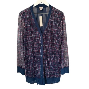 NWT Chico's Blue Mesh Plaid Tweed Print Button Front Cardigan Sweater Size XL - Picture 1 of 11
