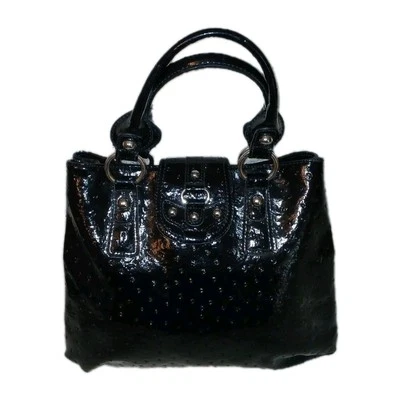 Black Guess Faux Ostrich Purse Shiny Patent Leather Handbag Office Siren  - Image 1 of 4