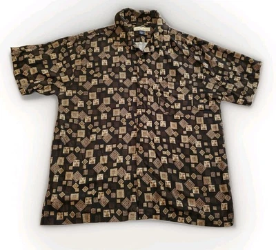 Tommy Bahama 100% Silk Black Brown Aztec Mayan Button Up Front Shirt Mens Large - Image 1 of 4