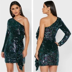 Lavish Alice mermaid Sequin One Shoulder Ruffle front Cocktail Dress size 14 - Picture 1 of 12