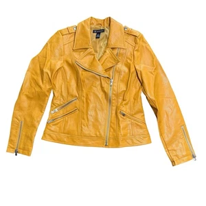 INC Faux Leather Zip Motorcycle Jacket Yellow Canary Buffy the Vampire Fans EUC - Picture 1 of 14